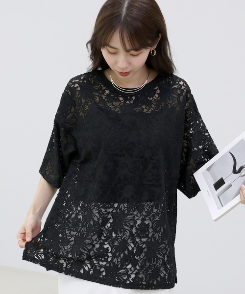 Aletta vita(アレッタビータ)の「シアーレース5分袖プルオーバー(Tシャツ/カットソー・レディース・オフホワイト/ブラック・FREE)」の6枚目の写真