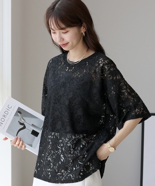 Aletta vita(アレッタビータ)の「シアーレース5分袖プルオーバー(Tシャツ/カットソー・レディース・オフホワイト/ブラック・FREE)」の3枚目の写真