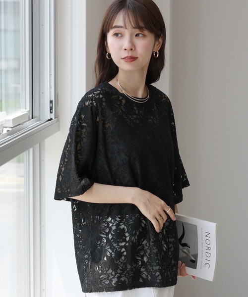 Aletta vita(アレッタビータ)の「シアーレース5分袖プルオーバー(Tシャツ/カットソー・レディース・オフホワイト/ブラック・FREE)」の4枚目の写真