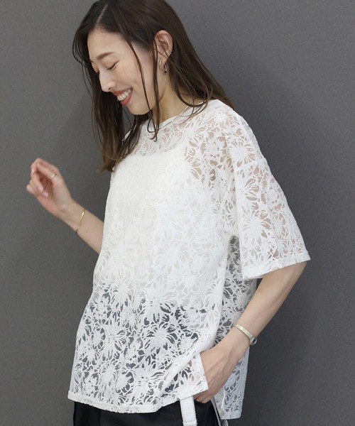 Aletta vita(アレッタビータ)の「シアーレース5分袖プルオーバー(Tシャツ/カットソー・レディース・オフホワイト/ブラック・FREE)」の13枚目の写真