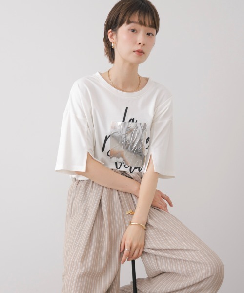 Bou Jeloud(ブージュルード)の「箔エンボス五分袖Tシャツ(Tシャツ/カットソー・レディース・オフホワイト/ブラック/ブラウン・FREE)」の2枚目の写真