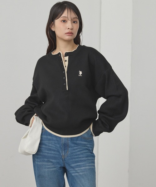 U.S. POLO ASSN.(ユーエスポロアッスン)の「U.S. POLO ASSN./ユーエスポロアッスン 別注 ロゴ刺繍 配色 スウェットライク ヘンリーネックニット(ニット/セーター・レディース・アイボリー/ネイビー/杢グレー/ブラック・M/L)」の12枚目の写真