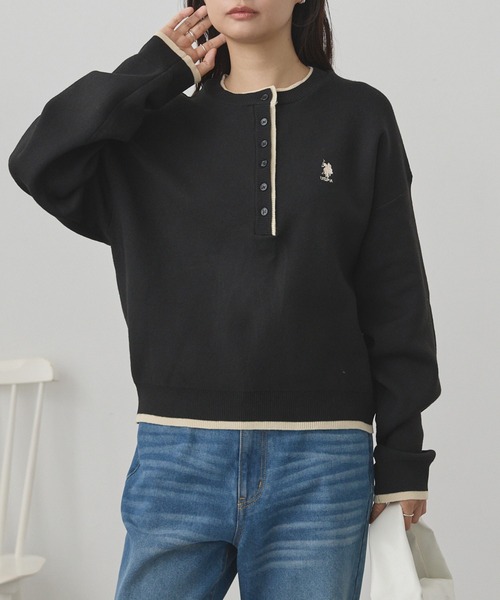 U.S. POLO ASSN.(ユーエスポロアッスン)の「U.S. POLO ASSN./ユーエスポロアッスン 別注 ロゴ刺繍 配色 スウェットライク ヘンリーネックニット(ニット/セーター・レディース・アイボリー/ネイビー/杢グレー/ブラック・M/L)」の13枚目の写真