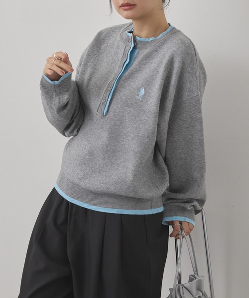 U.S. POLO ASSN.(ユーエスポロアッスン)の「U.S. POLO ASSN./ユーエスポロアッスン 別注 ロゴ刺繍 配色 スウェットライク ヘンリーネックニット(ニット/セーター・レディース・アイボリー/ネイビー/杢グレー/ブラック・M/L)」の6枚目の写真