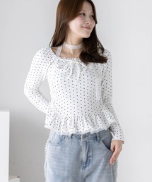 clear | チョーカー付きドット裾フリル長袖カットソー［骨格ウェーブ／韓国ガーリー／フェミニン］(Tシャツ/カットソー)