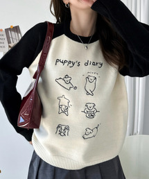 ドッグ刺繍 配色ラグランスリーブ ニット プルオーバー