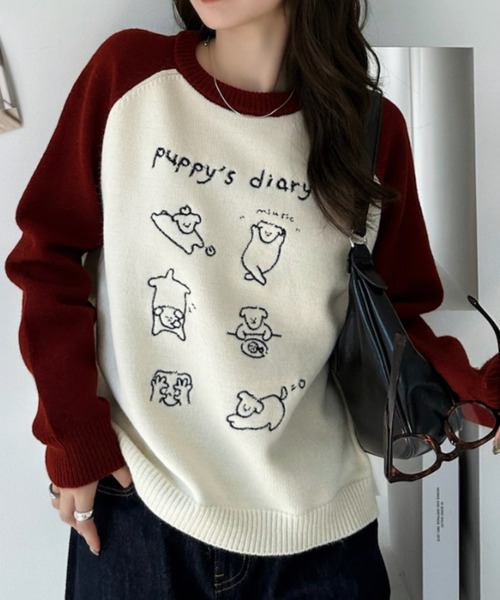 Ada.(エイダ)の「ドッグ刺繍 配色ラグランスリーブ ニット プルオーバー(ニット/セーター・レディース・ネイビー/レッド/ブラック・FREE)」の5枚目の写真