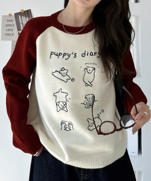 Ada.(エイダ)の「ドッグ刺繍 配色ラグランスリーブ ニット プルオーバー(ニット/セーター・レディース・ネイビー/レッド/ブラック・FREE)」の7枚目の写真