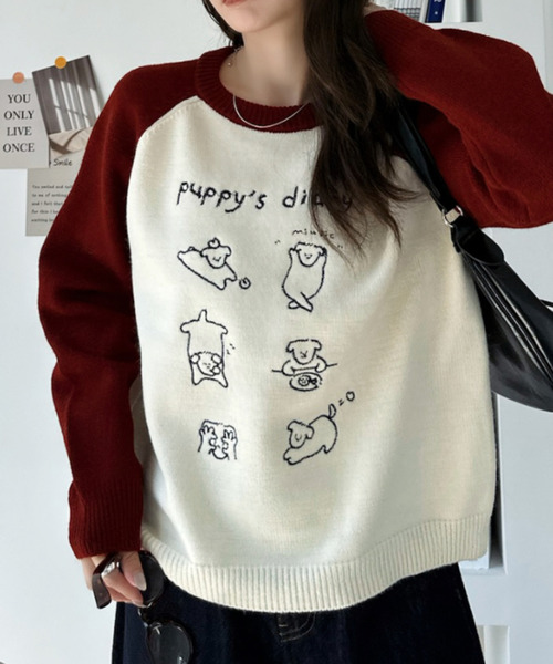 Ada.(エイダ)の「ドッグ刺繍 配色ラグランスリーブ ニット プルオーバー(ニット/セーター・レディース・ネイビー/レッド/ブラック・FREE)」の8枚目の写真