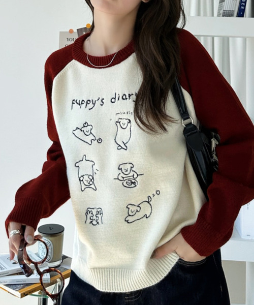 Ada.(エイダ)の「ドッグ刺繍 配色ラグランスリーブ ニット プルオーバー(ニット/セーター・レディース・ネイビー/レッド/ブラック・FREE)」の4枚目の写真