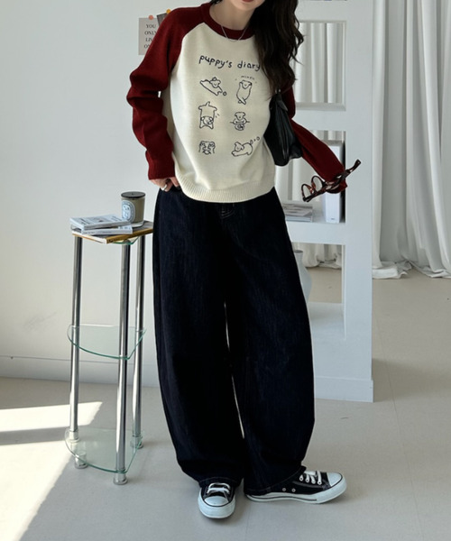 Ada.(エイダ)の「ドッグ刺繍 配色ラグランスリーブ ニット プルオーバー(ニット/セーター・レディース・ネイビー/レッド/ブラック・FREE)」の6枚目の写真