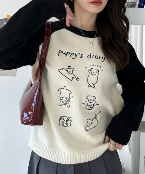 Ada.(エイダ)の「ドッグ刺繍 配色ラグランスリーブ ニット プルオーバー(ニット/セーター・レディース・ネイビー/レッド/ブラック・FREE)」の16枚目の写真