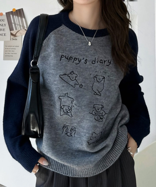 Ada.(エイダ)の「ドッグ刺繍 配色ラグランスリーブ ニット プルオーバー(ニット/セーター・レディース・ネイビー/レッド/ブラック・FREE)」の13枚目の写真