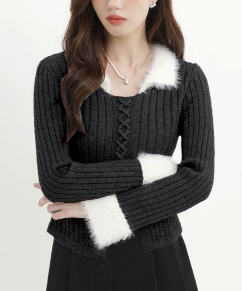 kirakiraShop(キラキラショップ)の「ファー 配色 レースアップ リブ ニット(ニット/セーター・レディース・チャコール/オフホワイト/ブラック・FREE)」の10枚目の写真