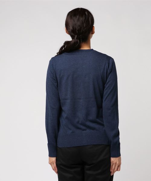 three dots(スリードッツ)の「THREE DOTS コットンメランジ天竺編みクルーネックカーディガン(カーディガン/ボレロ・レディース・ネイビー/ピンク系その他・M)」の4枚目の写真