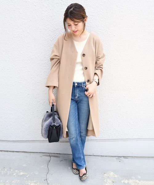 Khaju（カージュ）の「Khaju:Vネックフレアコート◇（その他アウター・レディース・グレー/オリーブ/キャメル・ONE SIZE）」の4枚目の写真