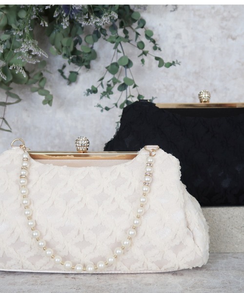 Cupid Heart(キューピッドハート)の「【Cupid Heart】結婚式おすすめBAG♪パール持ち手フリルパーティーBAG(ハンドバッグ・レディース・ブラック/ベージュ・MEDIUM)」の12枚目の写真