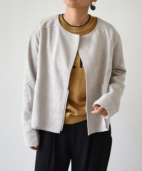 k*（ケイ）の「パステルカラースエードポンチライダースジャケット（ライダースジャケット・レディース・ライトグレー/ピンク/アイボリー・M）」の4枚目の写真