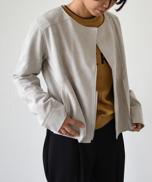 k*（ケイ）の「パステルカラースエードポンチライダースジャケット（ライダースジャケット・レディース・ライトグレー/ピンク/アイボリー・M）」の5枚目の写真