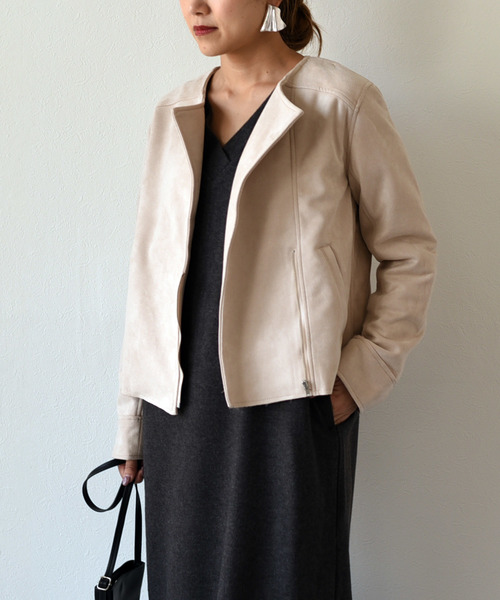 k*（ケイ）の「パステルカラースエードポンチライダースジャケット（ライダースジャケット・レディース・ライトグレー/ピンク/アイボリー・M）」の13枚目の写真