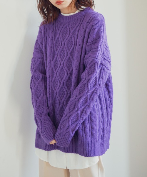 Aunt Marie's(アントマリーズ)の「AUNT MARIE'S クルーネックケーブルニット(ニット/セーター・レディース・チャコールグレー/パープル/ブラウン/ナチュラル・FREE)」の5枚目の写真