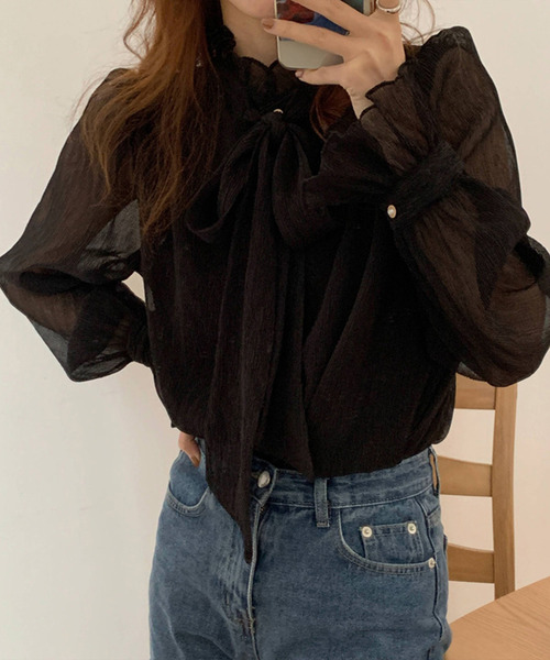 JUNOAH(ジュノア)の「ハイネックシアーシフォントップス(シャツ/ブラウス・レディース・ブラック/クリーム・FREE)」の6枚目の写真