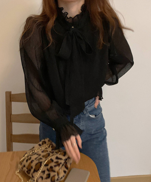 JUNOAH(ジュノア)の「ハイネックシアーシフォントップス(シャツ/ブラウス・レディース・ブラック/クリーム・FREE)」の9枚目の写真