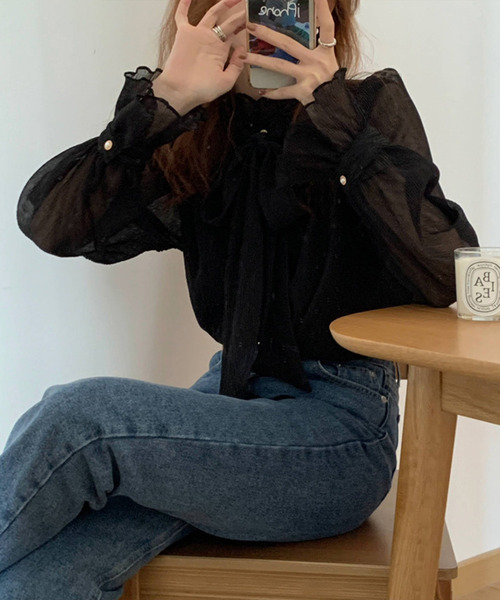 JUNOAH(ジュノア)の「ハイネックシアーシフォントップス(シャツ/ブラウス・レディース・ブラック/クリーム・FREE)」の12枚目の写真