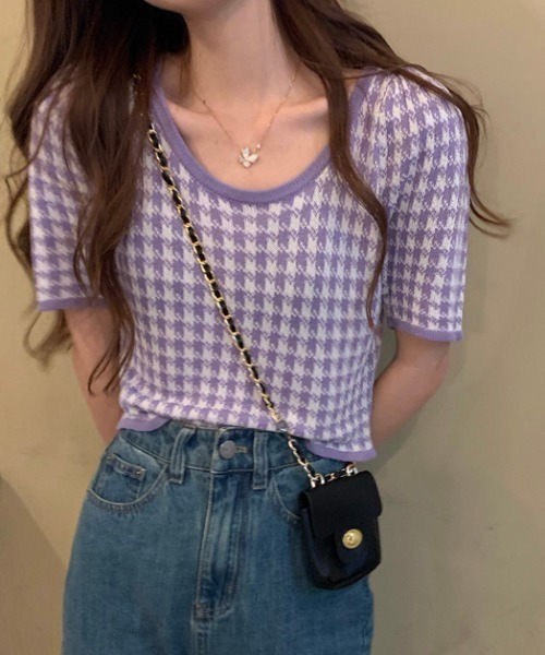 yuue' ( wear )(ユーイ)の「千鳥格子柄半袖トップス ニットカットソー(Tシャツ/カットソー・レディース・ブラック/パープル・FREE)」の2枚目の写真