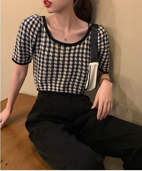 yuue' ( wear )(ユーイ)の「千鳥格子柄半袖トップス ニットカットソー(Tシャツ/カットソー・レディース・ブラック/パープル・FREE)」の4枚目の写真