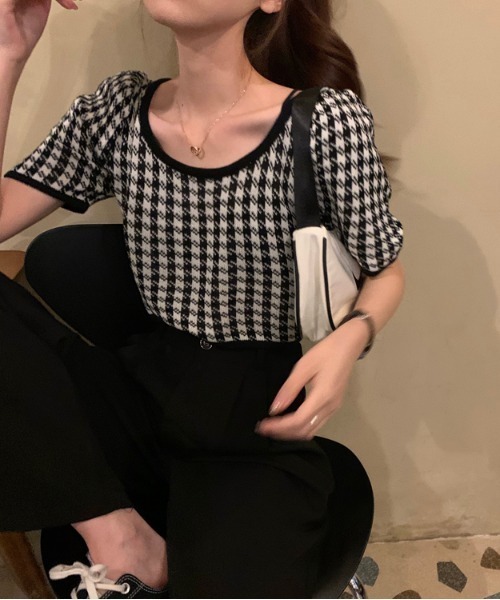 yuue' ( wear )(ユーイ)の「千鳥格子柄半袖トップス ニットカットソー(Tシャツ/カットソー・レディース・ブラック/パープル・FREE)」の6枚目の写真
