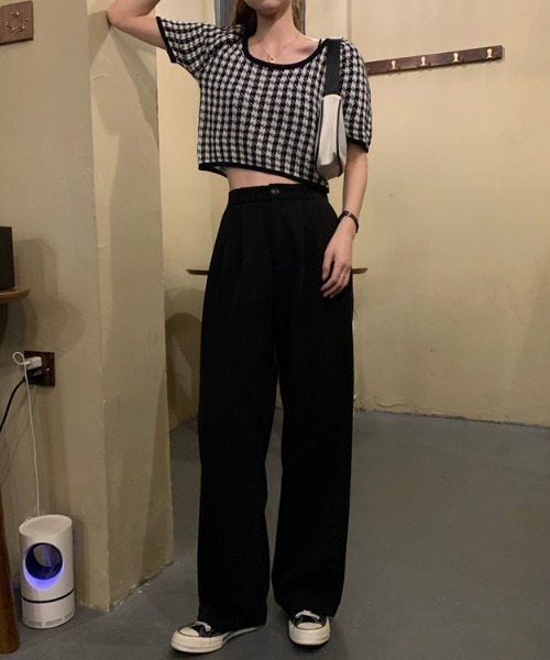 yuue' ( wear )(ユーイ)の「千鳥格子柄半袖トップス ニットカットソー(Tシャツ/カットソー・レディース・ブラック/パープル・FREE)」の7枚目の写真