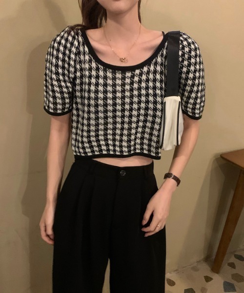 yuue' ( wear )(ユーイ)の「千鳥格子柄半袖トップス ニットカットソー(Tシャツ/カットソー・レディース・ブラック/パープル・FREE)」の8枚目の写真