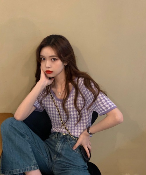 yuue' ( wear )(ユーイ)の「千鳥格子柄半袖トップス ニットカットソー(Tシャツ/カットソー・レディース・ブラック/パープル・FREE)」の9枚目の写真