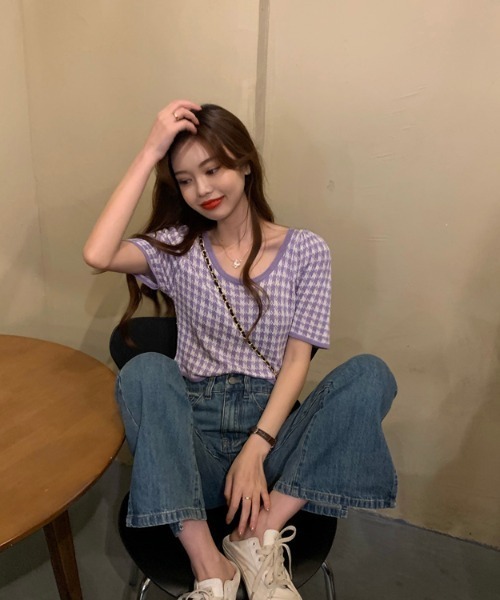 yuue' ( wear )(ユーイ)の「千鳥格子柄半袖トップス ニットカットソー(Tシャツ/カットソー・レディース・ブラック/パープル・FREE)」の10枚目の写真