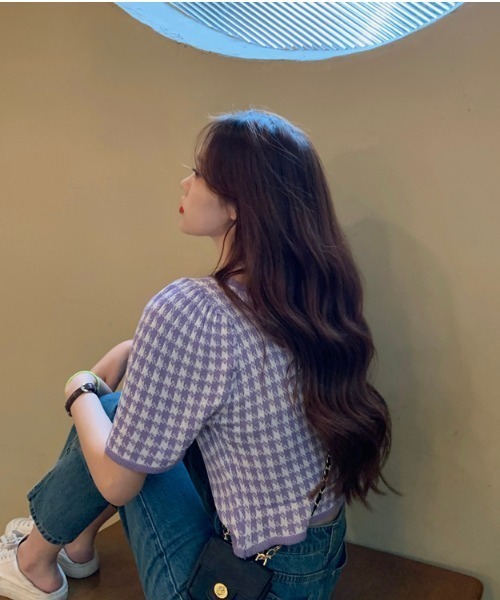 yuue' ( wear )(ユーイ)の「千鳥格子柄半袖トップス ニットカットソー(Tシャツ/カットソー・レディース・ブラック/パープル・FREE)」の11枚目の写真