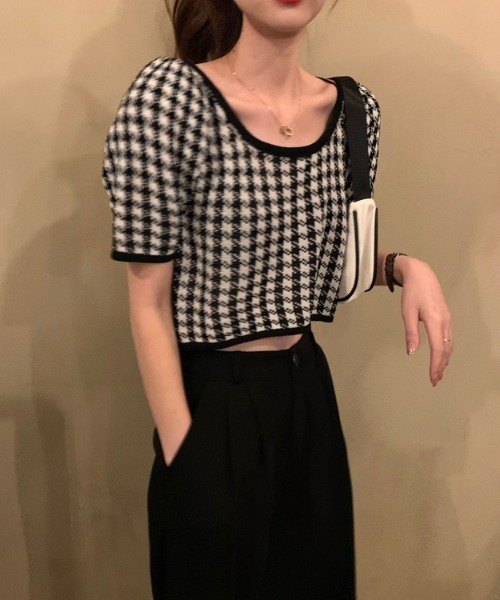 yuue' ( wear )(ユーイ)の「千鳥格子柄半袖トップス ニットカットソー(Tシャツ/カットソー・レディース・ブラック/パープル・FREE)」の12枚目の写真