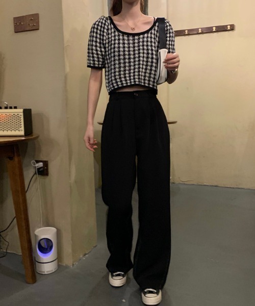 yuue' ( wear )(ユーイ)の「千鳥格子柄半袖トップス ニットカットソー(Tシャツ/カットソー・レディース・ブラック/パープル・FREE)」の13枚目の写真