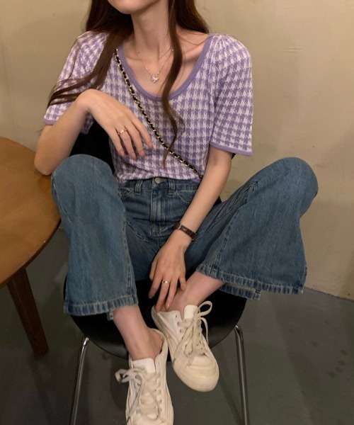 yuue' ( wear )(ユーイ)の「千鳥格子柄半袖トップス ニットカットソー(Tシャツ/カットソー・レディース・ブラック/パープル・FREE)」の14枚目の写真