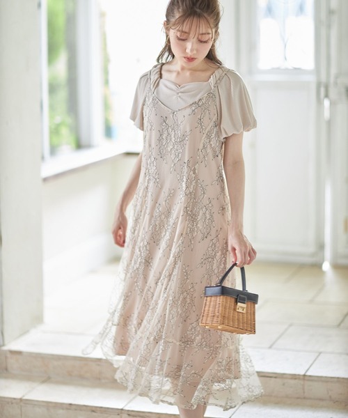 tocco closet(トッコ クローゼット)の「パフスリーブリブカットソー×バックレースアップデザインレースキャミワンピースのセット(ワンピース・レディース・ベージュ系その他/グレー系その他・M)」の16枚目の写真