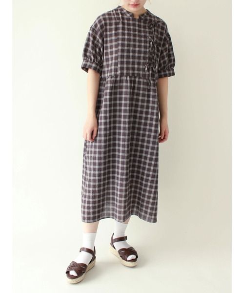 ehka sopo(エヘカソポ)の「チェック柄リボンワンピース(ワンピース・レディース・グリーン/チャコール/キナリ・フリ-)」の7枚目の写真
