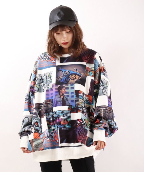 RE730】総柄コラージュプリントビックシルエットトレーナー 