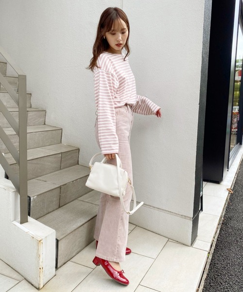 one after another NICE CLAUP（ワンアフターアナザーナイスクラップ）の「ルーズなシルエットでこなれ感を。ゆったりボーダーロンT（Tシャツ/カットソー・レディース・ブラック系その他/グリーン系その他/イエロー系その他/ピンク系その他・FREE）」の5枚目の写真