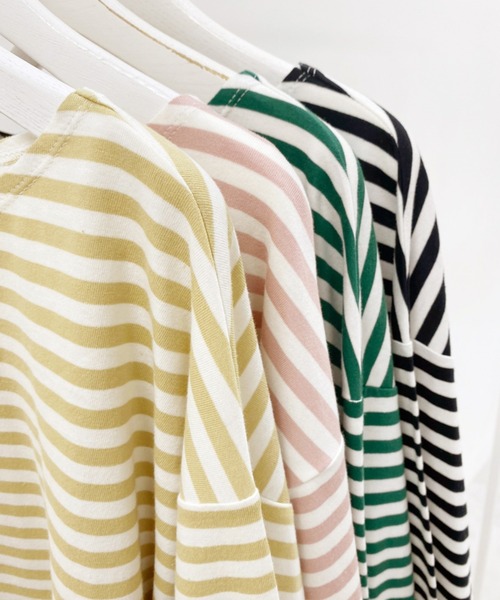 one after another NICE CLAUP（ワンアフターアナザーナイスクラップ）の「ルーズなシルエットでこなれ感を。ゆったりボーダーロンT（Tシャツ/カットソー・レディース・ブラック系その他/グリーン系その他/イエロー系その他/ピンク系その他・FREE）」の9枚目の写真