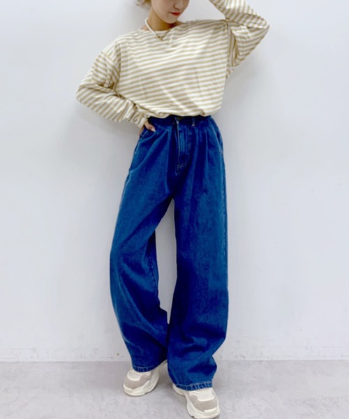 one after another NICE CLAUP（ワンアフターアナザーナイスクラップ）の「ルーズなシルエットでこなれ感を。ゆったりボーダーロンT（Tシャツ/カットソー・レディース・ブラック系その他/グリーン系その他/イエロー系その他/ピンク系その他・FREE）」の8枚目の写真