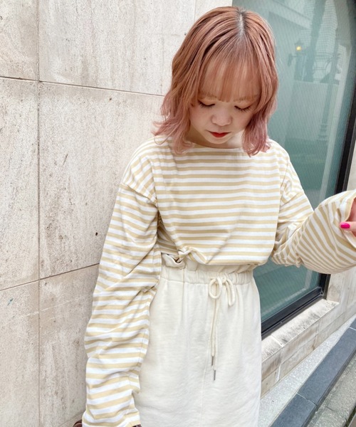 one after another NICE CLAUP（ワンアフターアナザーナイスクラップ）の「ルーズなシルエットでこなれ感を。ゆったりボーダーロンT（Tシャツ/カットソー・レディース・ブラック系その他/グリーン系その他/イエロー系その他/ピンク系その他・FREE）」の16枚目の写真