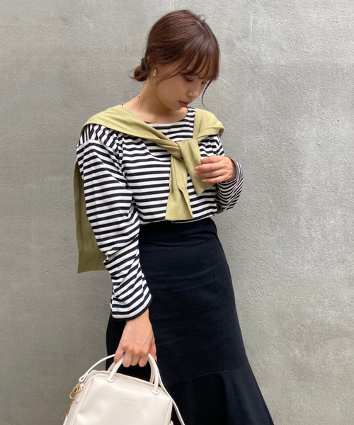 one after another NICE CLAUP（ワンアフターアナザーナイスクラップ）の「ルーズなシルエットでこなれ感を。ゆったりボーダーロンT（Tシャツ/カットソー・レディース・ブラック系その他/グリーン系その他/イエロー系その他/ピンク系その他・FREE）」の21枚目の写真