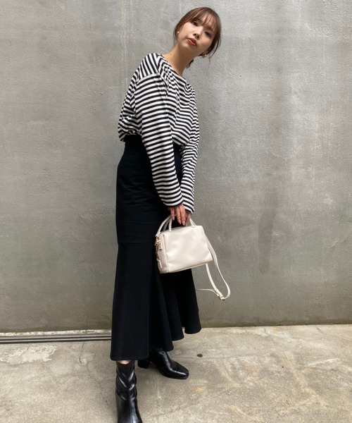 one after another NICE CLAUP（ワンアフターアナザーナイスクラップ）の「ルーズなシルエットでこなれ感を。ゆったりボーダーロンT（Tシャツ/カットソー・レディース・ブラック系その他/グリーン系その他/イエロー系その他/ピンク系その他・FREE）」の10枚目の写真