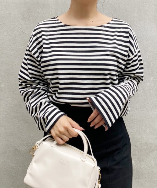 one after another NICE CLAUP（ワンアフターアナザーナイスクラップ）の「ルーズなシルエットでこなれ感を。ゆったりボーダーロンT（Tシャツ/カットソー・レディース・ブラック系その他/グリーン系その他/イエロー系その他/ピンク系その他・FREE）」の6枚目の写真