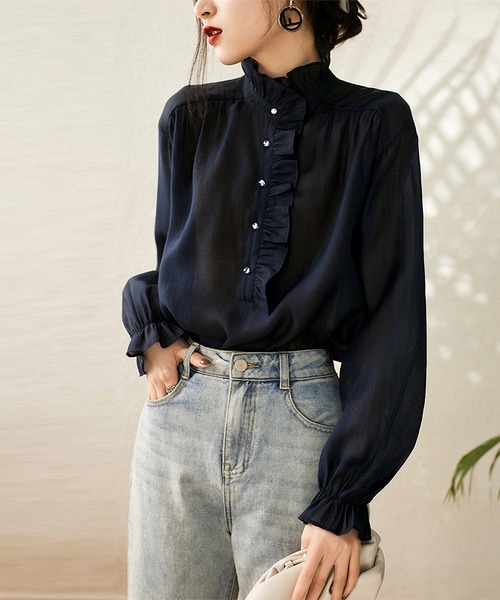 LOPASS(ロパス)の「キャンディースリーブ フリルアップ シャツブラウス(シャツ/ブラウス・レディース・ネイビー・LARGE/MEDIUM)」の1枚目の写真